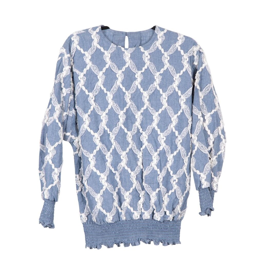 Sunny South VTG Denim Blouse S Womens Blue White Ribbon Lace Smocked Hem Cuffs